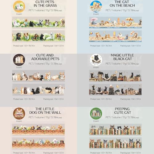 Image of PET Tape Set for Junk Journal,6 Rolls Cute Cat Tape Stickers,Clear Pet Dog Stickers for Scrapbooking,Journaling,Planner,DIY Arts Crafts,Notebook,Phone Case,Cups(Pet Time)