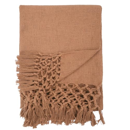 Image of HAKAM Cotton Throw Blanket with Macrame Tassels for 3 Seater Sofa | Ideal for Your Home, Living Room, Sofa, Bed, Chair, Picnic & Used for Gift - 50X70 inch | Light Orange (Small Single)