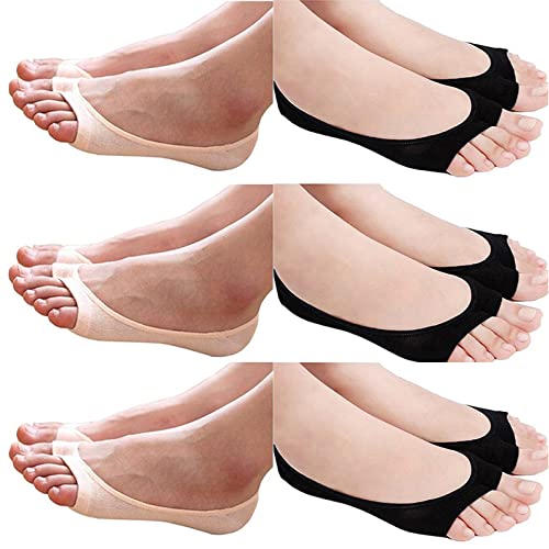 seven wolves Womens Peep Toe Socks 6 Pairs, Toeless Cotton No Show Socks Non Slip Shoe Liner