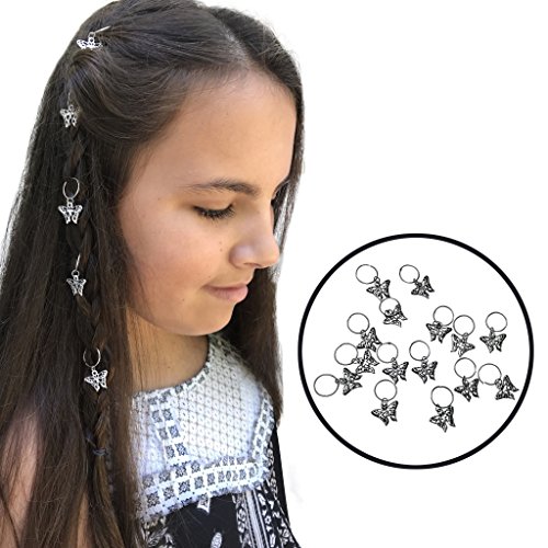 Braid Rings for Hair and Dreadlocks, 20 pieces of Loops Jewelry, Silver Metal Butterfly Charms