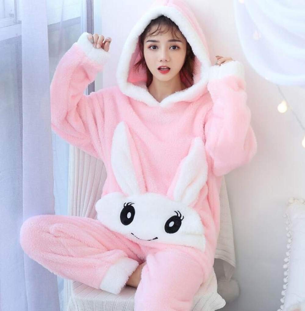 HAIBI Damen Pyjama Winter，Mädchen Schlafanzug 2 STK Mädchen Pyjamas Sets Nachtwäsche Cartoon Rosa Kaninchen Lange Ärmel Warm Pyjamas Weibliche Homewear