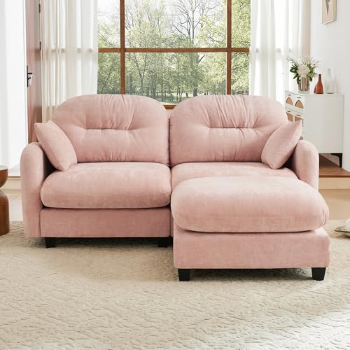Image of KEIKI 74 inch L-Shaped Oversized Chenille Modular Sectional Loveseat Sofa with 1 Ottoman, High-Density Foam Cushions, Tufted Pleated Cushion Backrest, 2-Seater Couch with 2 Pillow, for Living Room, Pink