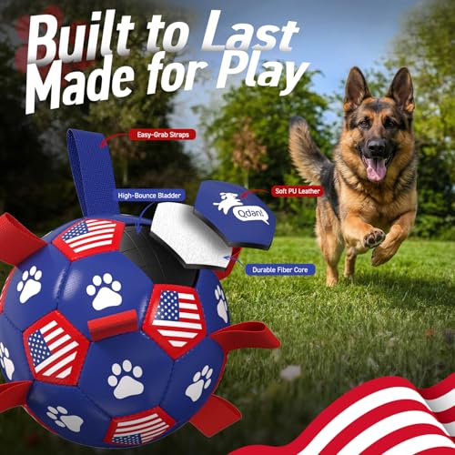 Image of QDAN Dog Balls with Straps, Large Herding Balls for >90lbs Dogs, Soccer Toy | 9 Inch Soccer Ball for Dogs with Tabs for Outside Play, High Energy Dogs to Keep Them Busy, Interactive Tug Toy for Training