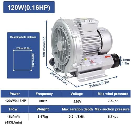 Multi-Use Regenerative Ring Pump High Pressure Vortex Blower Industrial High-Pressure Equipment，Regenerative Blower 220V 50Hz High-Pressure Vortex Ring Blower Industrial Vacuum Pump for Air