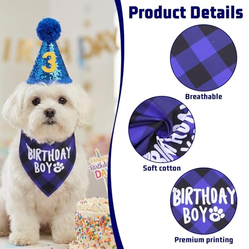 DOPENSPI 4 Stücke Hunde Geburtstags Bandana Mütze, Hunde Geburtstag Hut Bandana Set mit 8 Bling Nummern Hundegeburtstagskrawatte Krawatten Hundegeburtstagsgeschenk für Hundegeburtstagsparty(blau)