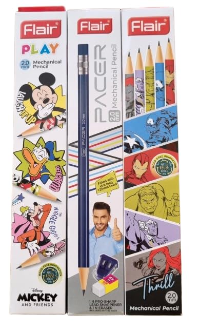 FLAIR 2.0mm Mechanical Multicolor Extra Dark 2B Pencils| Miceky+Thrill+Pacer Characters- 10 Eachx3= 30 Pencils| Wood Free Writing|1 Big Sharpner & 1 Eraser With Each Pack| Refillable
