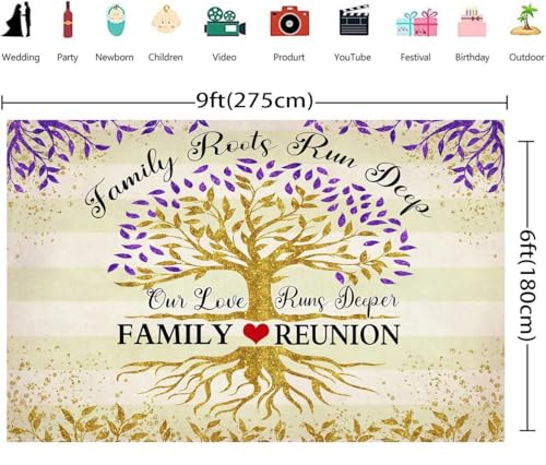 Purple Gold Family Reunion Backdrop Family Tree Leaves Family Members Our Roots Run Deep Photography Background Family Gathering Party Decoration Supplies Banner 9x6ft by MCCKTIU - Used condition - Image 7