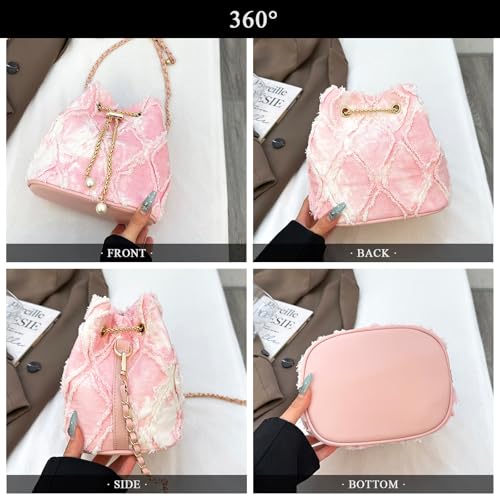 Image of Denim Bucket Bag Quilted Drawstring Jean Purses for Women Denim Clutch Hobo Bags Crossbody Handbag