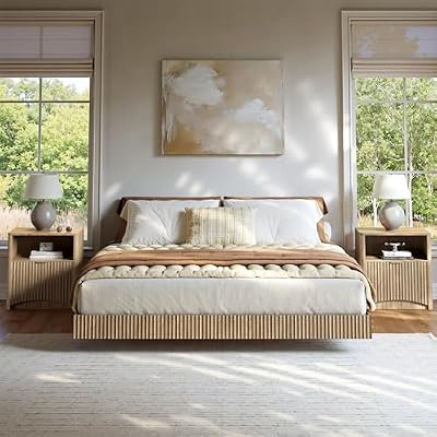 Evermagin Bedroom Set, Queen Floating Bed Frame & Nightstands,Natural Beech