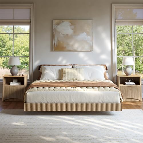Evermagin Bedroom Furniture Set-Bed with 2 Nightstands, Mid Century Modern Bedroom Set, Floating Bed Frame Led Lights, Fluted Floating Room Furnitures, 3-Piece Room Set (Nbh, Queen)