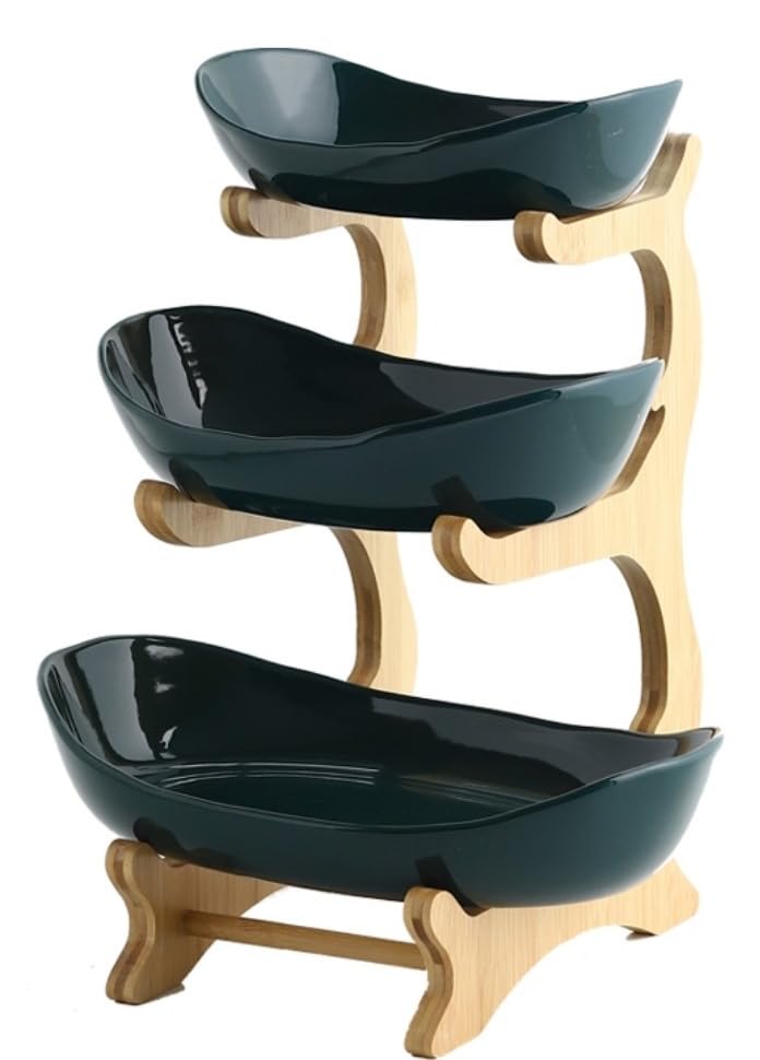 3 Tier Green Fruit Bowl Set Ceramic with Natural Wooden Bamboo Stand, Tiered Large Fruit Bowl, Triple Layer Fruit Bowls on Stand for Kitchen, Plate, Food Storage (3 Tier Ceramic)