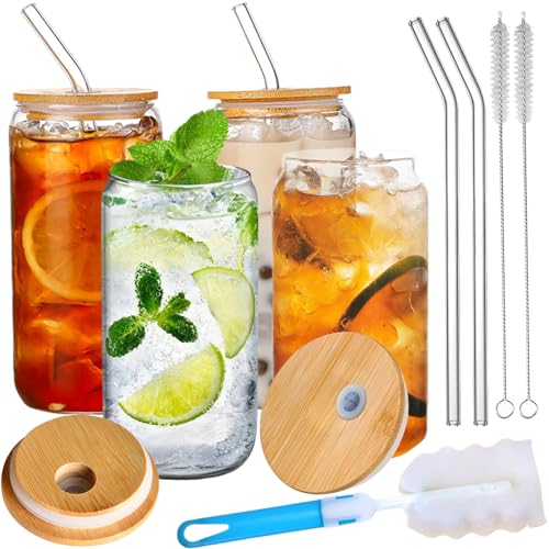 Dinhauyon Glass Cups with Lids and Straws, Iced Coffee Cup
