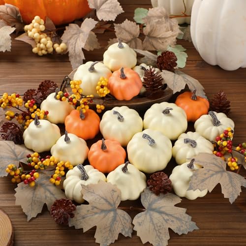 Geelin 34 Pcs Thanksgiving Assorted Artificial Pumpkins Set Fall Mini