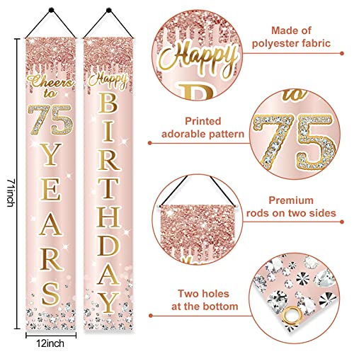 Image of 75th Birthday Decorations Door Banner for Women, Pink Rose Gold Cheers to 75 Years Birthday Porch Sign Party Supplies, Happy 75 Birthday Backdrop Decor for Outdoor Indoor