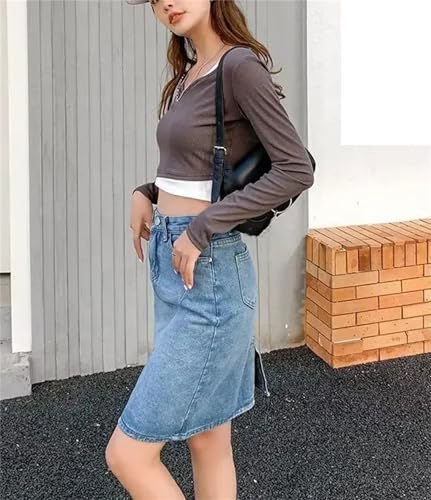Women High Waist A-Line Midi Denim Skirt Summer Vintage Fashion Side Slit Skirt4