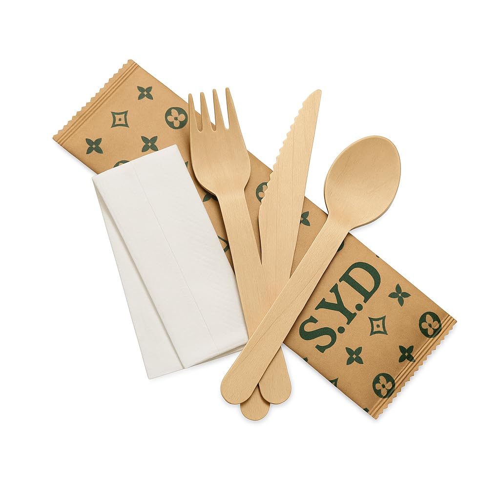 100 PIECE (25 Pack) S.Y.D Wooden Cutlery Set – Fork, Knife & Spoon with Napkin – Individually Wrapped, Biodegradable, Compostable & Plastic-Free – Ideal for Parties & Catering
