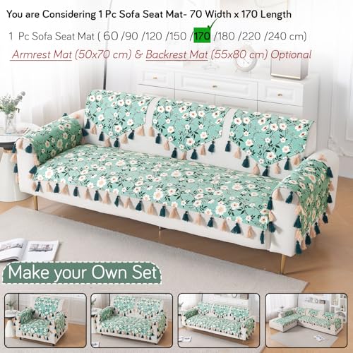 Image of HOKIPO Printed Holland Velvet Sofa Cover with Tassel for 1 /2 /3 Seater & L Shape Sofa | Make Your Own Set, 'Whispers of Nature' Sofa Mat, 70(W) x 170(L) cm, Sage Floral Vine (IN-1121-D8)