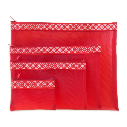 Multi Purpose 4 Pieces Mesh Bag Set for Travel, Office Supplies, Cosmetic, Paper, Bill and Credit Card Bag (Red)