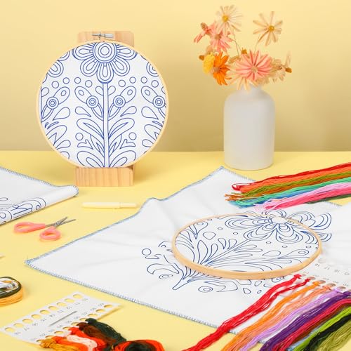 Image of Tioncy 8 Sets Mexican Embroidery Napkins Kit 17.7 x 16.5 Inch Servilletas Para Bordar a Mano Including Mexican Napkin Bamboo Hoop Color Threads and Needles for Beginner Adult DIY Hand Craft Lover Gift