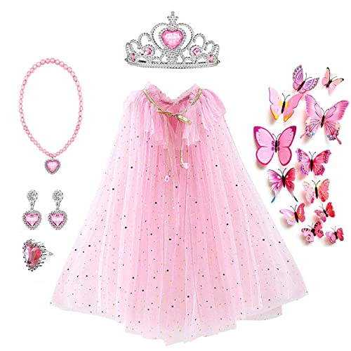 Harxin Princesa Capa Accesorios Set, Corona Collar Pendientes Anillos Mariposa Broche Set Niña Artículos de Fiesta Vestir Accesorios (Princesa Vestir)