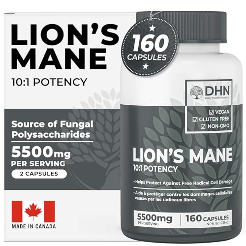 *New Bonus Size* 160 Vegan Capsules of Premium Lion's Mane Mushroom Powder | Antioxidant & Immune Support | Natural Nootropic | 100% Fruiting Bodies | Canadian Made, Quality Assured