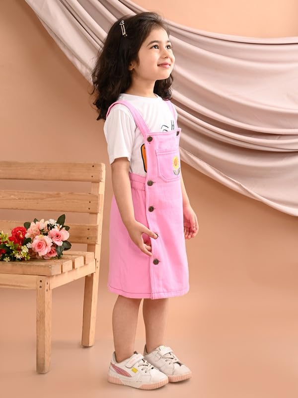 Image of superminis Girls Twill Denim Solid Color Dungree /Dress With Embroidered Pocket (1 Dress,1 Tee)