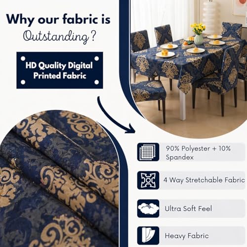 Image of Polycotton Printed Dining Table Cloth with Dining Chair Covers,Slipcovers (6 Seater Table Cover + 6 Chair Cover) (Brown Damask)