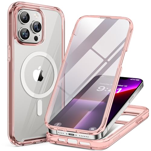 Miracase Magnetic for iPhone 13 Pro Max Case 6.7 inch, (Compatible with MagSafe) Upgrade Full-Body Clear Phone Bumper Case with Built-in 9H Tempered Glass Screen Protector, Magnetic Clear Pink