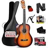 PYLE 36" Classical Acoustic Guitar Kit-3/4 Size Handcrafted Linden Wood Sun Burst Gloss Finish Guitar, 6 Nylon Strings w/Gig Bag Tuner, Extra Strings, Picks, Strap- Beginners Kids Adults-Right Handed