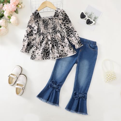 Image of Kucnuzki Toddler Kids Girl Clothes Long Sleeve Shirt Tops Baggy Jeans Cute Pants Set Baby Girl Outfit 2 Piece Clothing