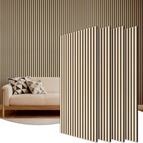 TONOR Holz-Wandpaneele für Innenwand-Deko – 4er-Pack, 120 × 60 cm | Akustikpaneele Holz-Lamellen – 2,88 m², Schalldämmende Wandpaneele für Lärmschutz & Deko, Wohnzimmer, Büro, Eich