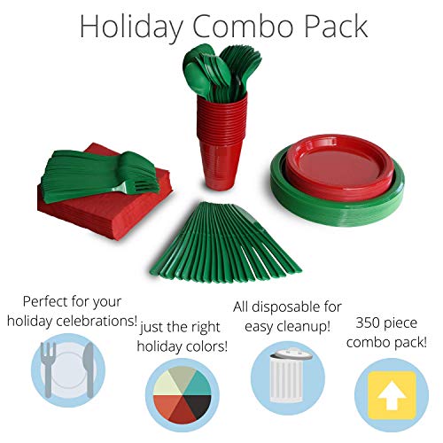 Exquisite 350 Piece Combo Christmas Themed Green & Red Disposable Party Plastic Plates And Cutlery Set Includes 50 Dinner Plates 50 Dessert Plates 50 Cups 50 Napkins 50 Forks 50 Spoons & 50 Knives #TOP1
