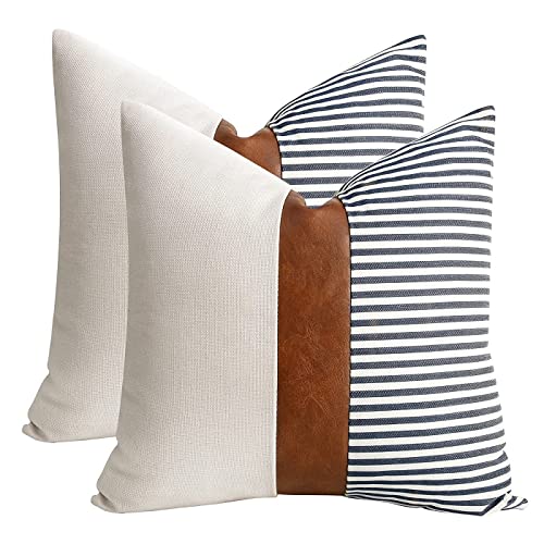 Shorping Farmhouse White And Navy Blue Stripe Patchwork Linen Throw Pillow Covers 20X20 Pillow Covers Set Of 2 Modern Cognac Brown Faux Leather Cushion Pillowcases For Couch Sofa Bed #TOP3