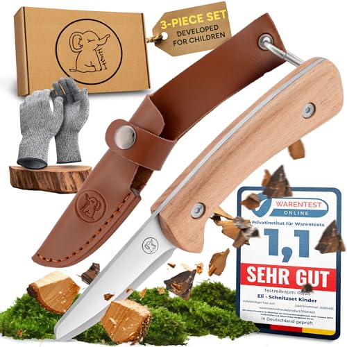Eli® Cuchillo de talla para niños con funda de cuero a partir de 8 años – cuchillo infantil set de talla con guantes resistentes a cortes – cuchillo para tallar para niños – herramienta de talla Eli® Cuchillo de talla para niños con funda de cuero a partir de 8 años – cuchillo infantil set de talla con guantes resistentes a cortes – cuchillo para tallar para niños – herramienta de talla