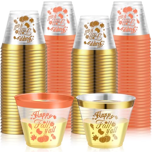 Funnymoom 50 Pcs Thanksgiving Plastic Cups Disposable Thanksgiving Drinking Party Cups 9 oz Fall Plastic Clear Cup Maple Leaf Pumpkin for Autumn Harvest Party Decoration Supplies(Orange, Yellow)