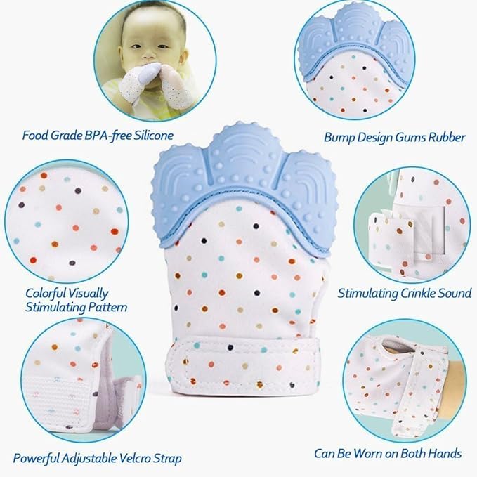 Image of WAHHSON Cotton Baby Soft Teething Mitten Teether Glove, Teether for 0-12 Months Baby, Teething Pain Relief Toy Glove, Natural Remedy for Infants & Toddlers | Infant Teething Mittens (Blue, Pair of 1)