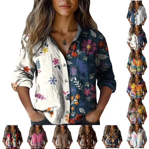 Womens 3/4 Sleeve Shirts Vintage Boho Retro Floral Print Tops Ladies Loose Fit Lightweight V Neck Button Down Blouses