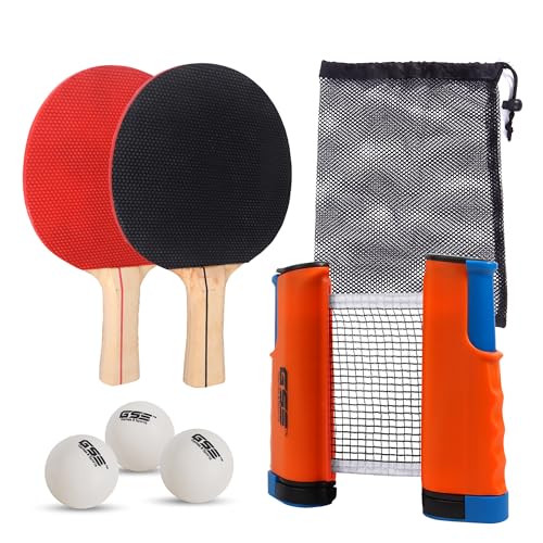 GSE Games & Sports Expert Ping Pong Paddle Set, Portable Table Tennis Set with Orange Retractable Ping Pong Net & Post, 2 Paddles & 3 Balls, Anywhere to-Go Ping Pong Game for Any Tables