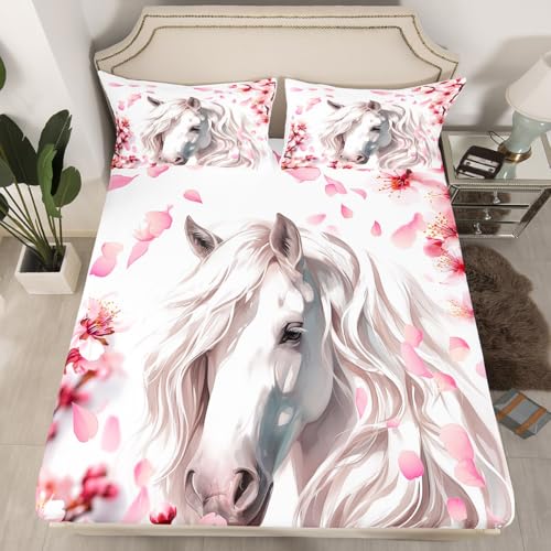 Western Cowboy Style Animals Fitted Sheet,Full Size Pink Blooming Flowers Collections,White Horses Bedding Deep Pocket for Children Teens Young with 2 Pillowcases(No Flat Sheet)