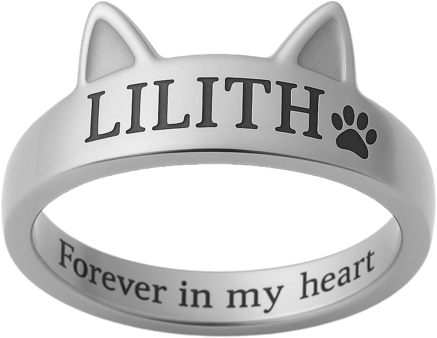 Custom Cat/Dog Name Ring, 925 Sterling Silver Personalized Pet Memorial Jewelry Paw Print Statement Ring with Inside Engraving
