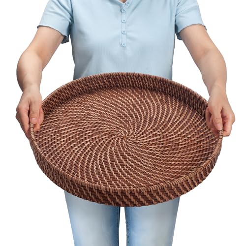 16.9 inch Rattan Tray, Round Wicker Tray with...