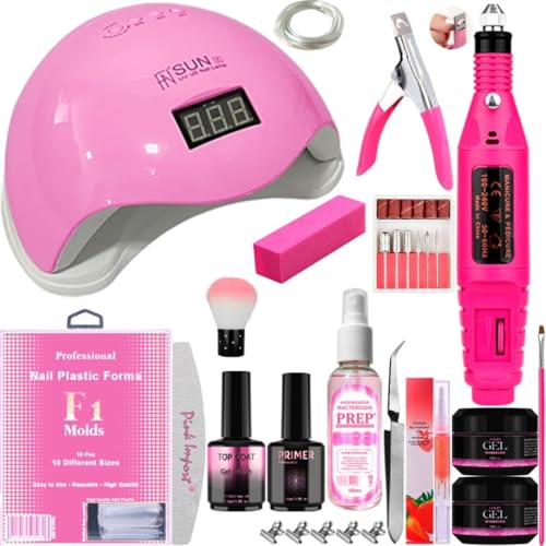 Kit Completo Manicure Unhas de Gel com Cabine Sun LED UV 48W e Lixadeira Elétrica Caneta Bivolt (Rosa)