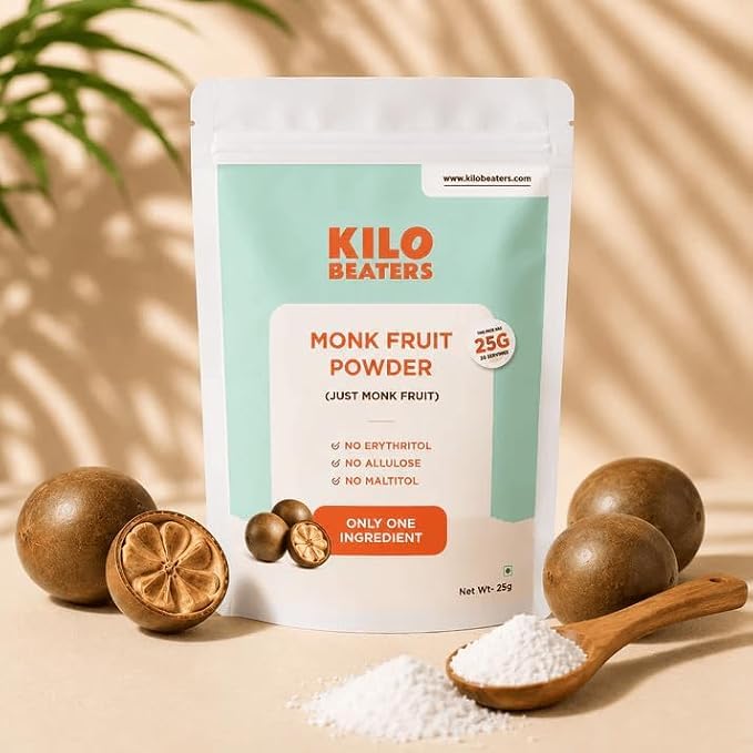 Image of Kilobeaters Whey Protein Isolate Powder with Yeast Protein 50g (Pack of 4) & Monk Fruit Powder 25g Combo | Real Alphonso Mango | 26g Protein Per Scoop | Gut-Friendly |