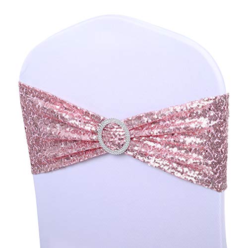 ANMINY Pack of 10 All Around Sequin Chair Sashes with Bows Stretchy Spandex Decorative Shiny Sparkly Sash Band for Banquet Chair Cover Romantic Wedding Party Ceremony Home Decoration, Rose Gold