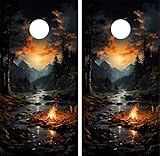 Generic Waterproof & Non-Fading: Pair of Cornhole Board Wraps- Decals ONLY- Camp Fire in The Mountains - Laminated - Easy to Apply