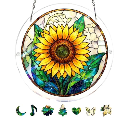 Premium Stained Glass Style Puzzle Suncatcher Acrylic Puzzle for Adult Window Hanging DIY Crystal Jigsaw Art National Puzzle Day Decorations Creative Home Decor Ornament with Whimsical Pieces