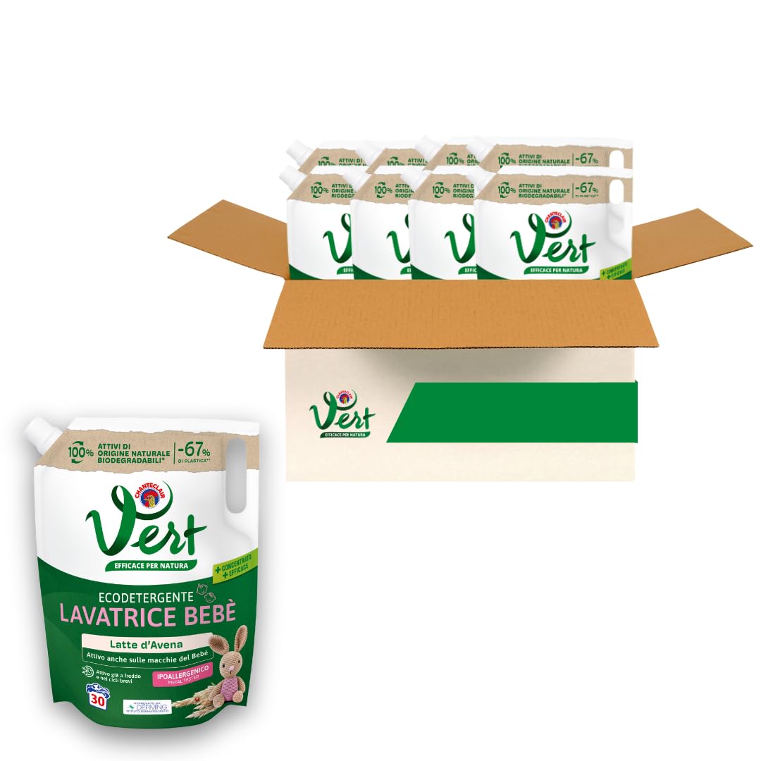 Vert - Ecodetergente Lavatrice Bebè - Fragranza Latte d'Avena, 100% Origine Naturale, Superefficace anche sulle Macchie del Bebé, Ipoallergenico, per Pelli Sensibili - 8 Flaconi da 1200 ml, 30 Lavaggi