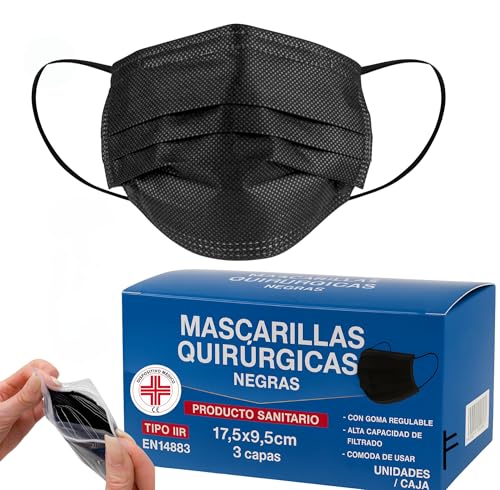 Stone&Stone 100 Mascarillas Quirúrgicas Tipo IIR Certificado CE, Negro Rosa Celeste Mascarilla médicas homologadas 3 capas Alta eficiencia filtración bacteriana mayor al 98% S&S Medical (Negro)