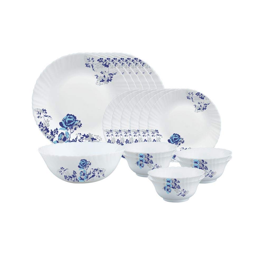 Larah by Borosil Blue Cascade Fluted Series Opalware Dinner Set | 19 Pieces for Family of 6 | Microwave & Dishwasher Safe | Bone-Ash Free | Crockery Set for Dining & Gifting | Plates & Bowls | White