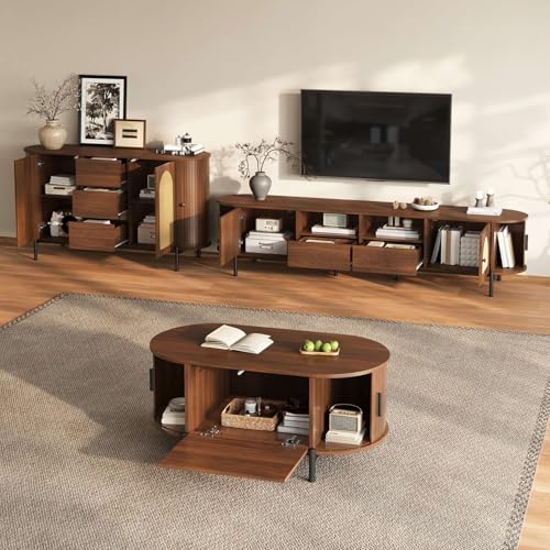 EURHCIO Ensemble Salon 3 Pièces,Meuble TV Ovale avec Buffet Cuisine Ovale et Table Basse,Portes Coulissantes,Décor en Rotin,pour Bureau,Salon (A-Noyer, D)